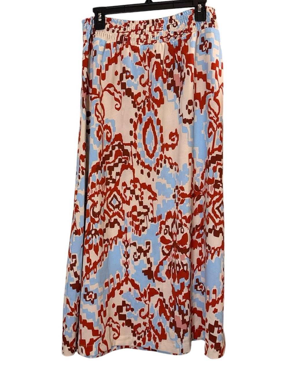 Peppercorn Women’s Abstract Red Cream Sky Blue Ikat Print Maxi Skirt sz M